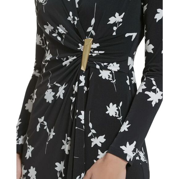Calvin Klein Women's Petite Printed Faux-Wrap Dress - Black/Cream 2P - Picture 3 of 8